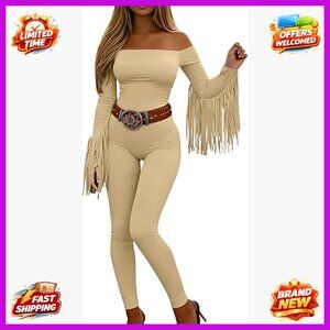 Off Shoulder Fringe Jumpsuit Long Sleeve Western Romper Pockets XXL
